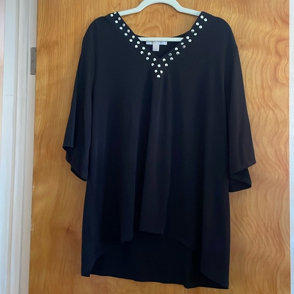 WOMENS MICHAEL KORS BLACK STRETCH ELBOW SLEEVE V-NECK BLOUSE 2X - Picture 1 of 4